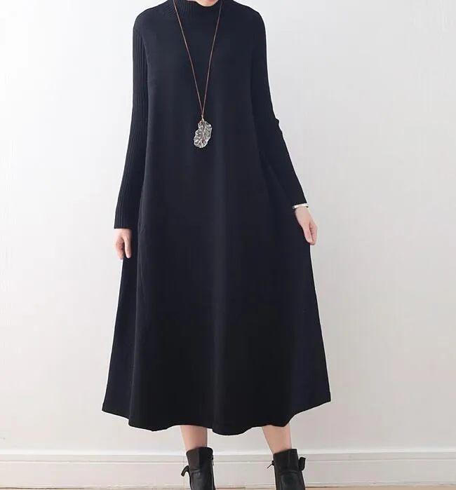 High Collar A-line Knit Long Women Dresses AMT962328
