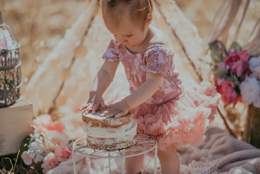 Kryssi Kouture First Birthday Dusty Rose Short Sleeve Lace Leo Sets with Rose Gold One