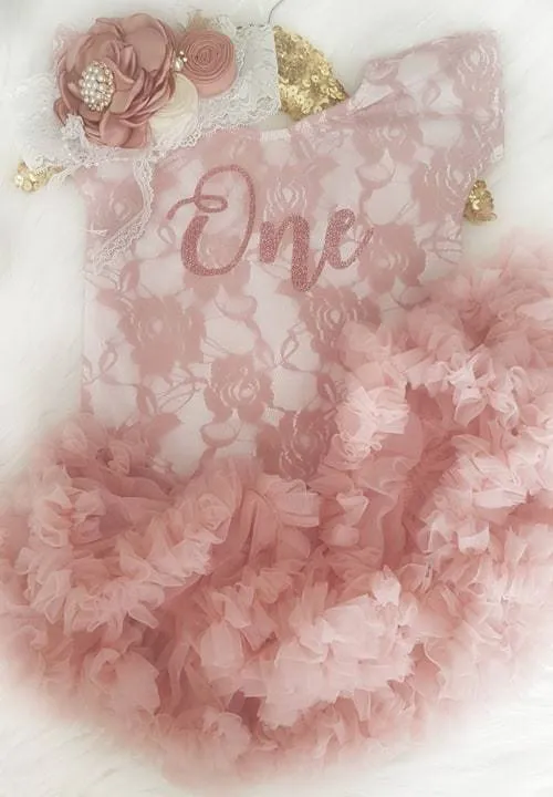 Kryssi Kouture First Birthday Dusty Rose Short Sleeve Lace Leo Sets with Rose Gold One