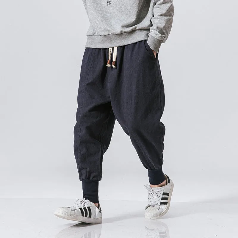 Men Linen Drop Crotch Wide Leg Baggy Harem Pants