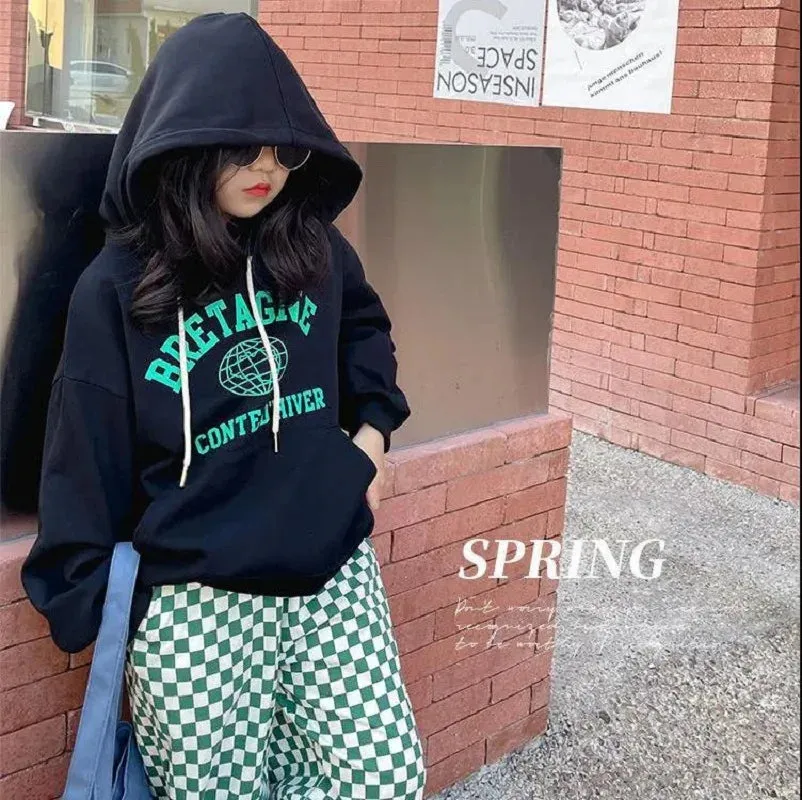 Spring Autumn Girls Cotton Loose Alphabet Sweatshirt Jacket School Kids Track Pullover Hoodie Tops Child Workout Jumper 2-14 Yrs